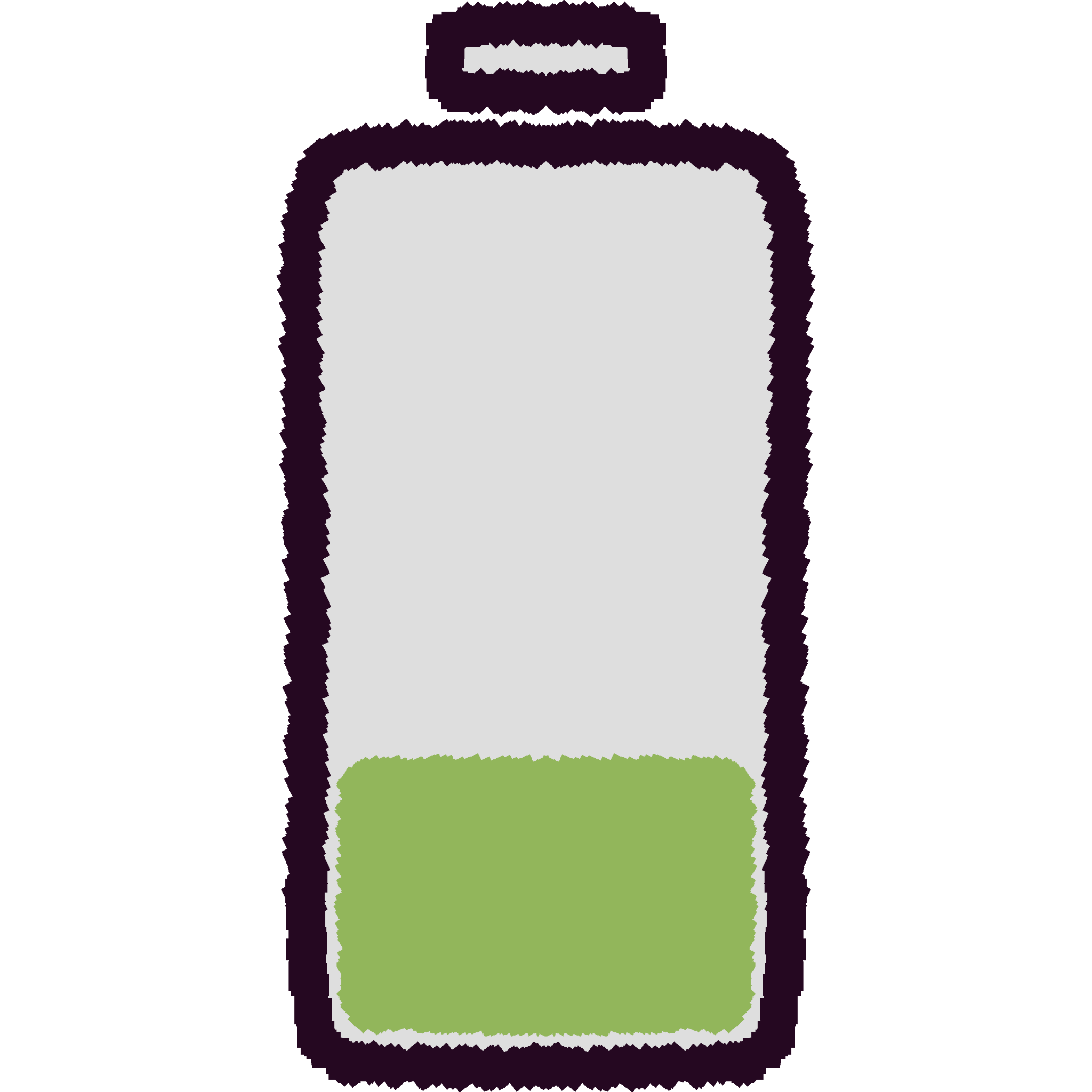 A drawing of a mostly transparent battery with 1 green bar on the bottom of it.